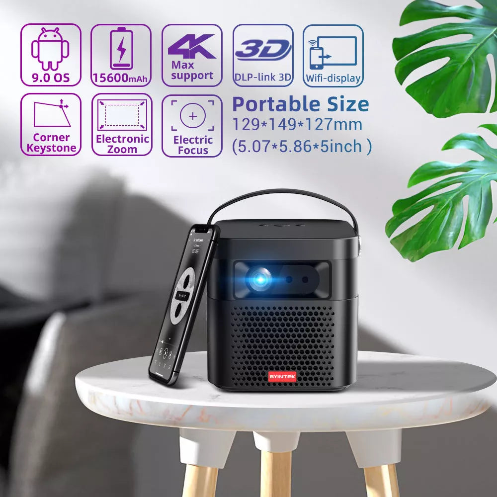 Rechargeable HD 3D Home Theater Projector displaying a movie on a large screen