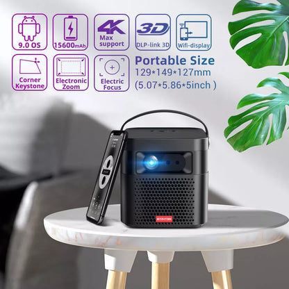 Rechargeable HD 3D Home Theater Projector displaying a movie on a large screen