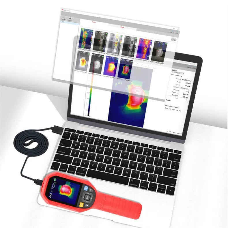 UTi260B infrared thermal imager with 2.8-inch screen, measuring 236x75.5x86mm, showing thermal image on display