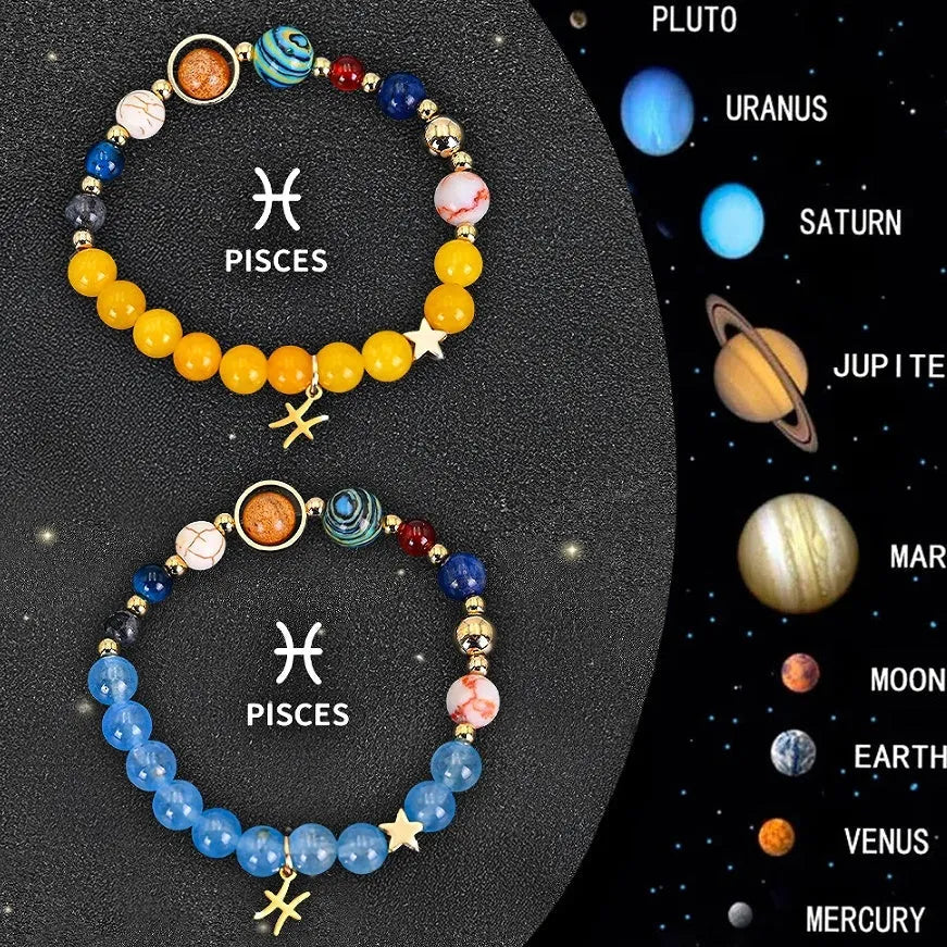 Twelve Zodiac Sign beaded bracelet set with natural stone beads on adjustable cord, showing two bracelets for mix-and-match styling.