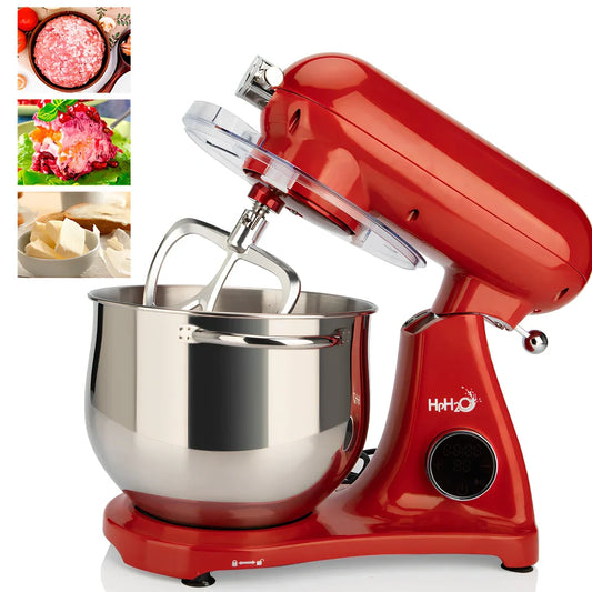Red SM-1522ML stand mixer with metal body, digital controls, and stainless steel mixing bowl on kitchen counter