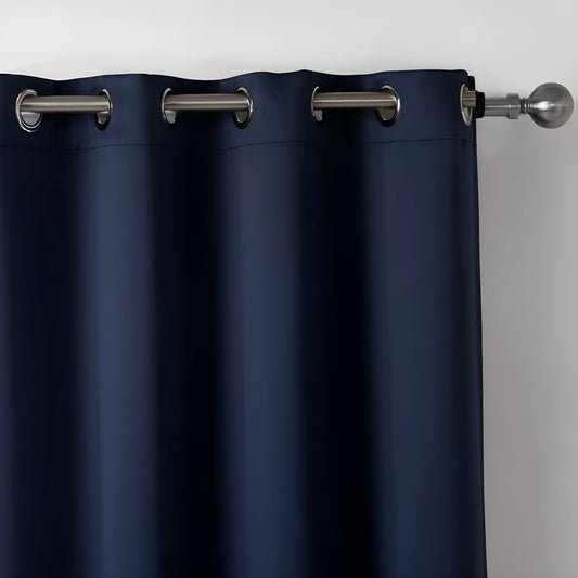 Dark navy blue blackout bedroom curtains hanging with modern simple style