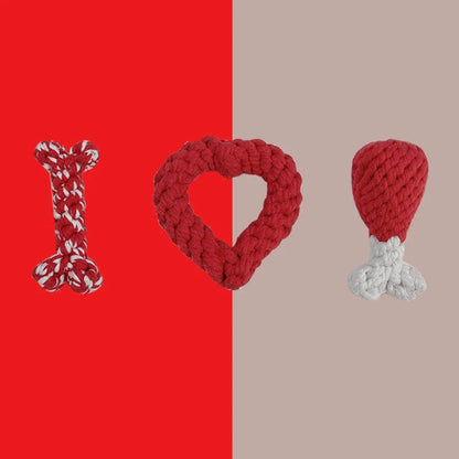 Premium cotton rope chew toys for dogs and puppies in various shapes and colors, including bones, hearts, and chicken thighs