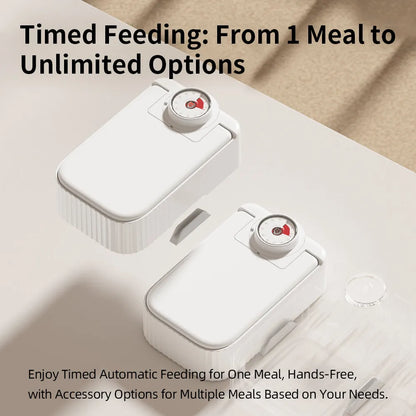 White programmable pet single meal feeder with timer display, ice crystal box, and modular splash-proof design.