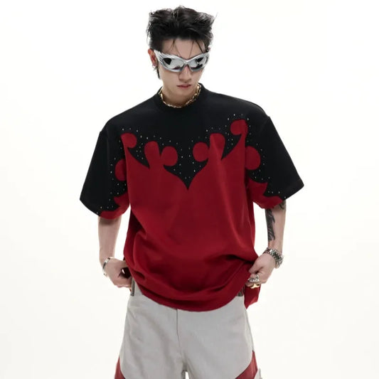 Men's grey cotton shirt with raised stitching patterns and metallic rhinestone accents on short sleeves and chest area
