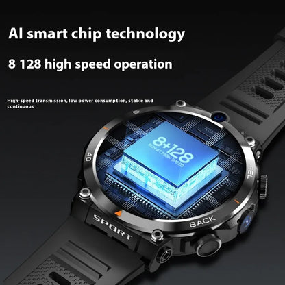 Sports smartwatch with dual cameras on a wrist, showing its touch screen interface.