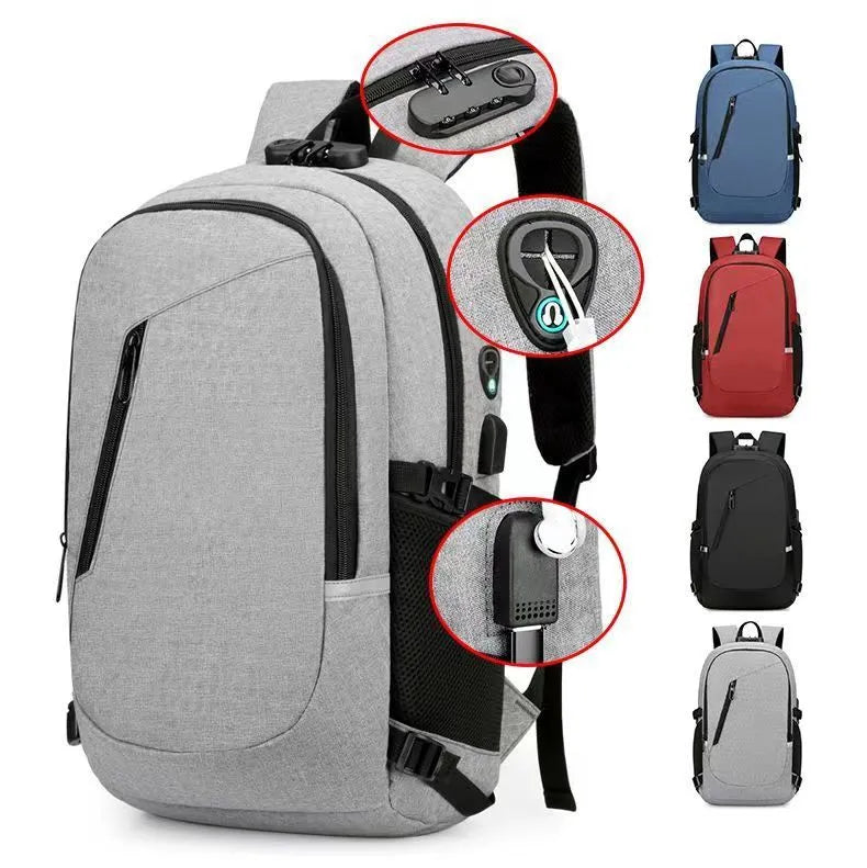 Men's grey computer backpack with 20-35L capacity showing Oxford cloth construction and organisational compartments