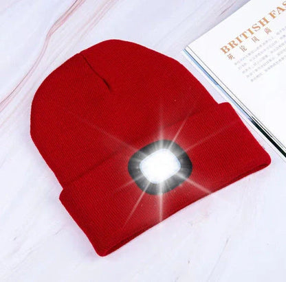 LED knit hat with glowing light for nighttime visibility and warmth