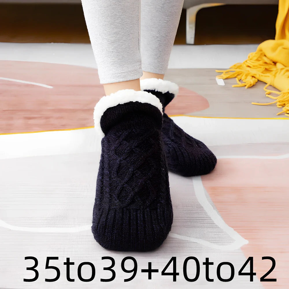 Winter woolen socks with V-opening design and anti-slip dots on soles in navy blue colour