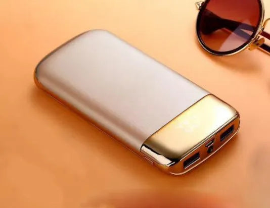 Y10 black portable power bank with LCD display showing battery percentage and two USB ports