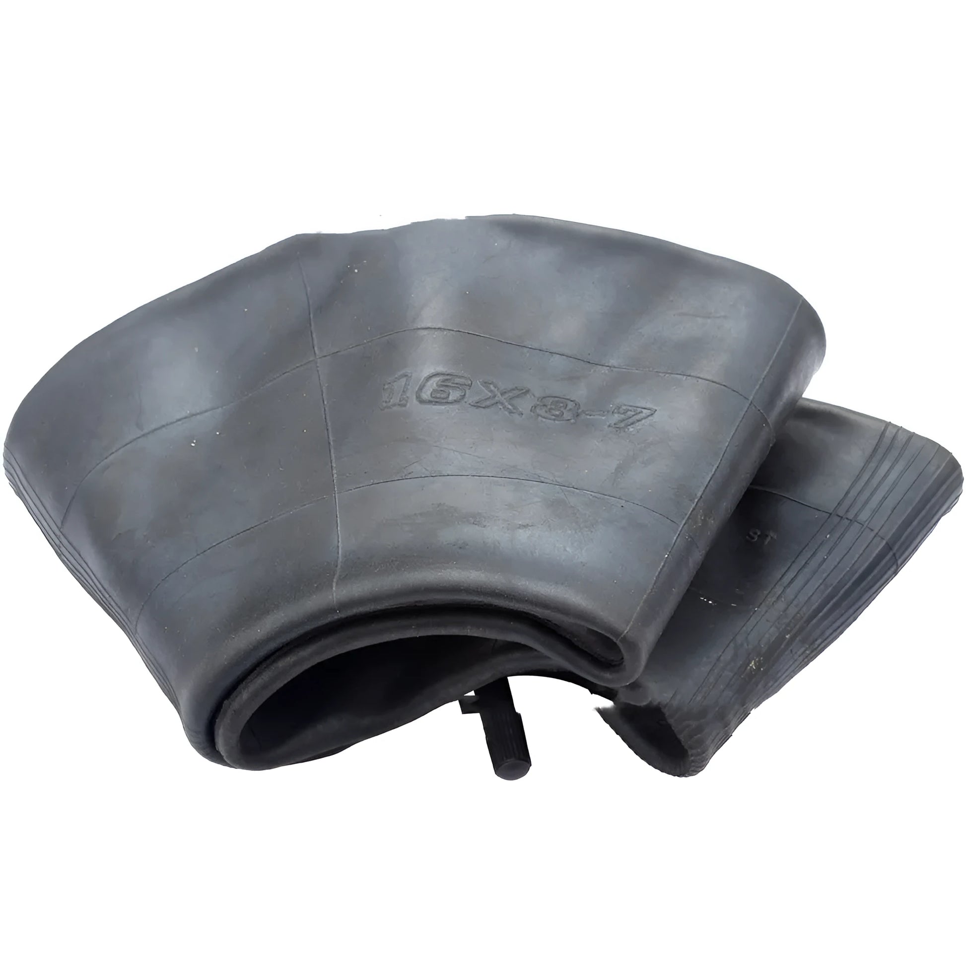 Two 16x8.00-7 inner tubes with TR13 straight valve stems and four black dust caps on a white background.