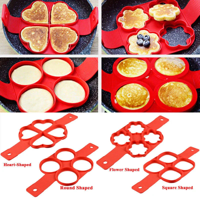 Silicone non-stick egg pancake maker rings in red, perfect for breakfast preparation