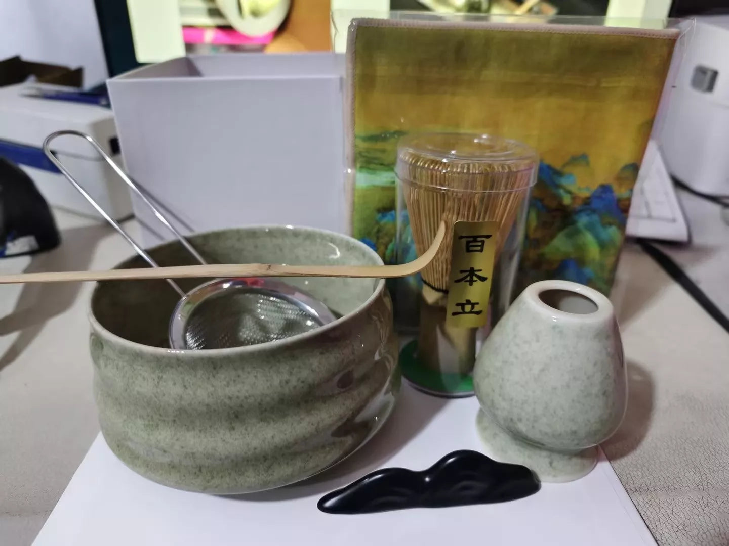 Japanese Matcha Tea Set with ceramic bowl and brush in clear glaze