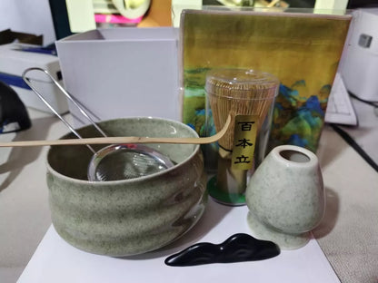 Japanese Matcha Tea Set with ceramic bowl and brush in clear glaze