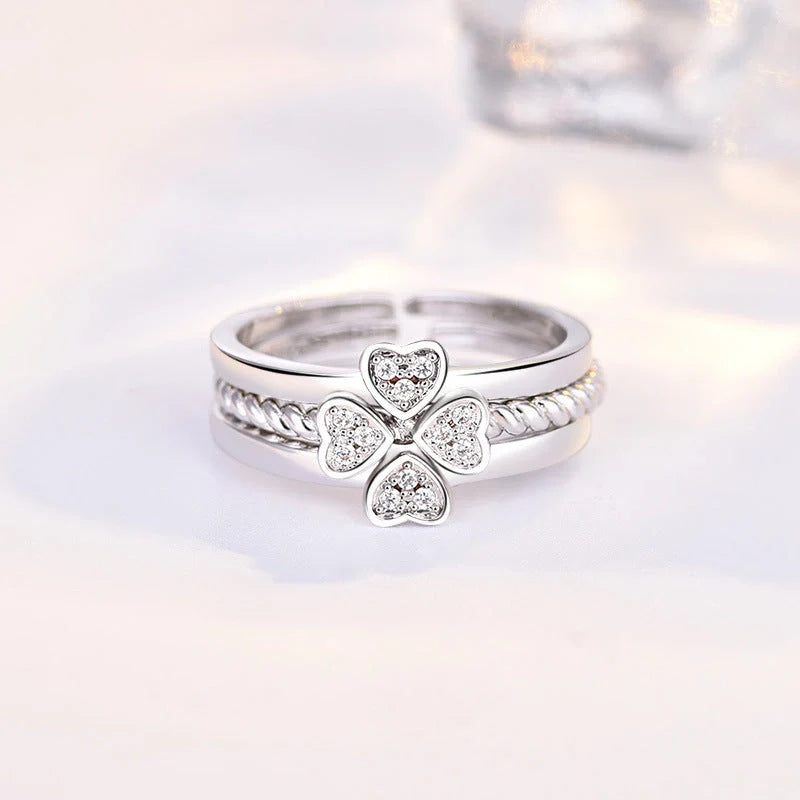 Adjustable four-leaf clover spinning ring set for women with shiny zircon stones