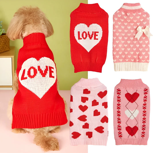 Red love heart pattern dog sweater with pink bow decoration on small dog