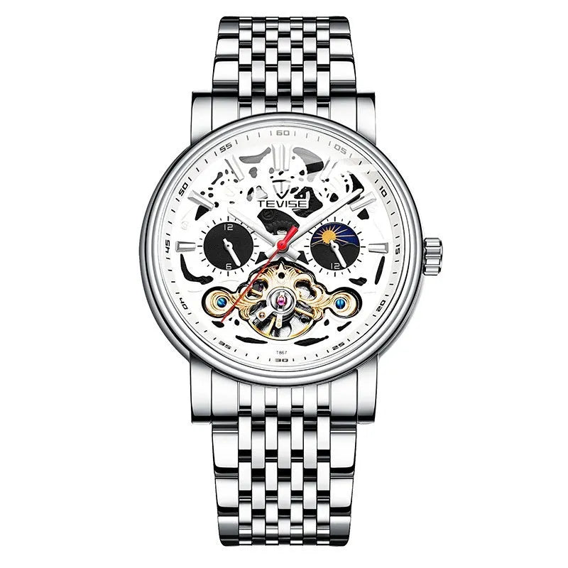 Men's tourbillon mechanical watch showing 16.5mm thickness with luminous hands and waterproof construction