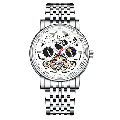 Men's tourbillon mechanical watch showing 16.5mm thickness with luminous hands and waterproof construction