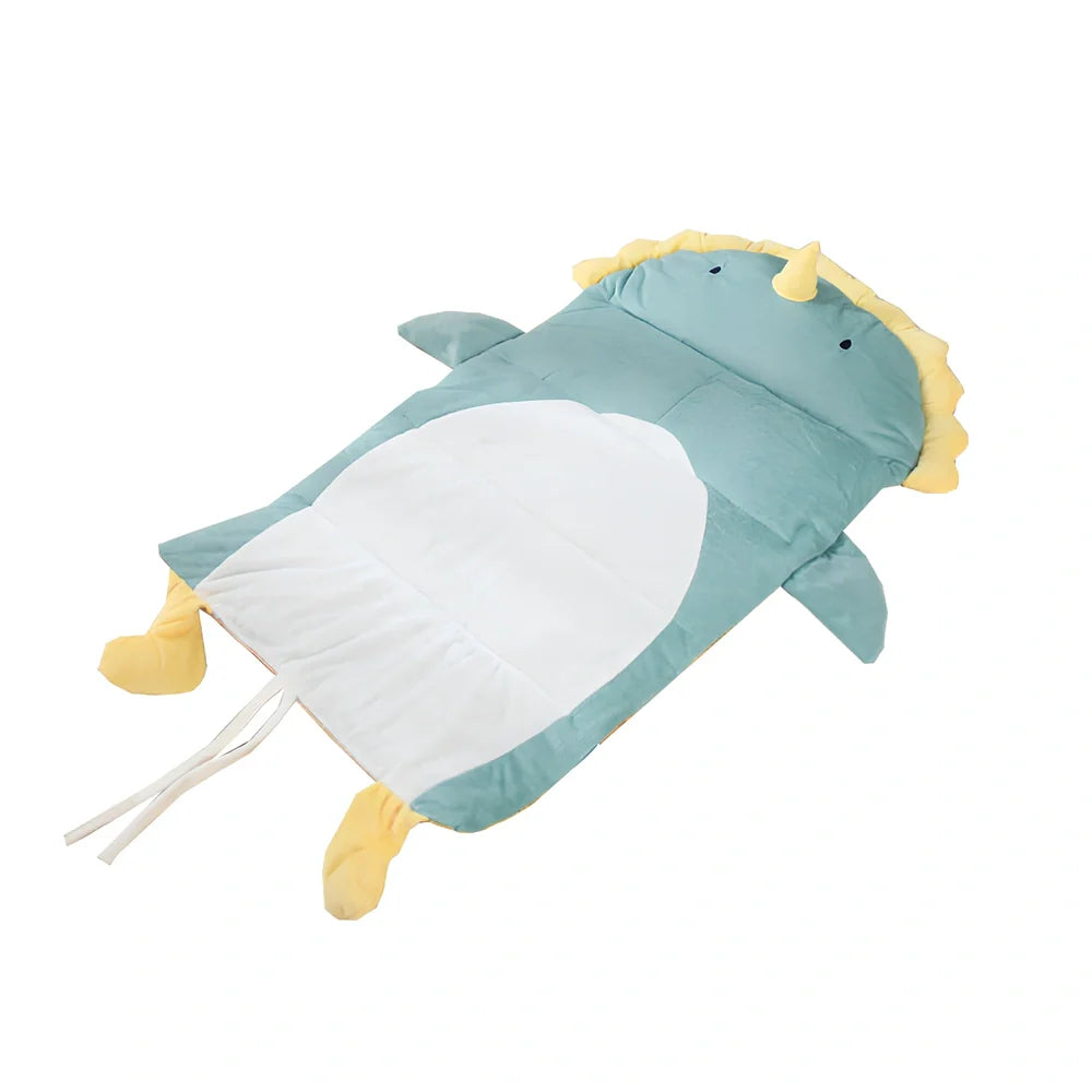 Detachable cooling cat bed with ice pad in white duck pattern, showing separate components and reinforced stitching