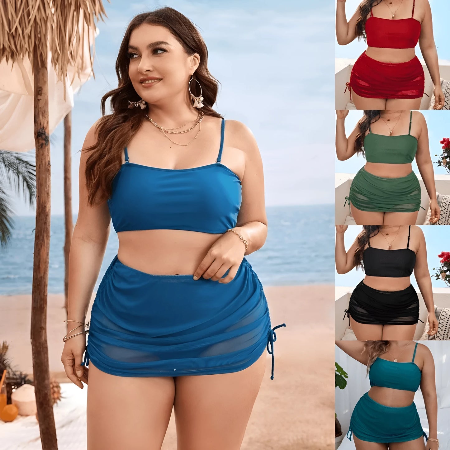 Women's solid colour mesh bikini three-piece set showing top, underwear and apron pieces