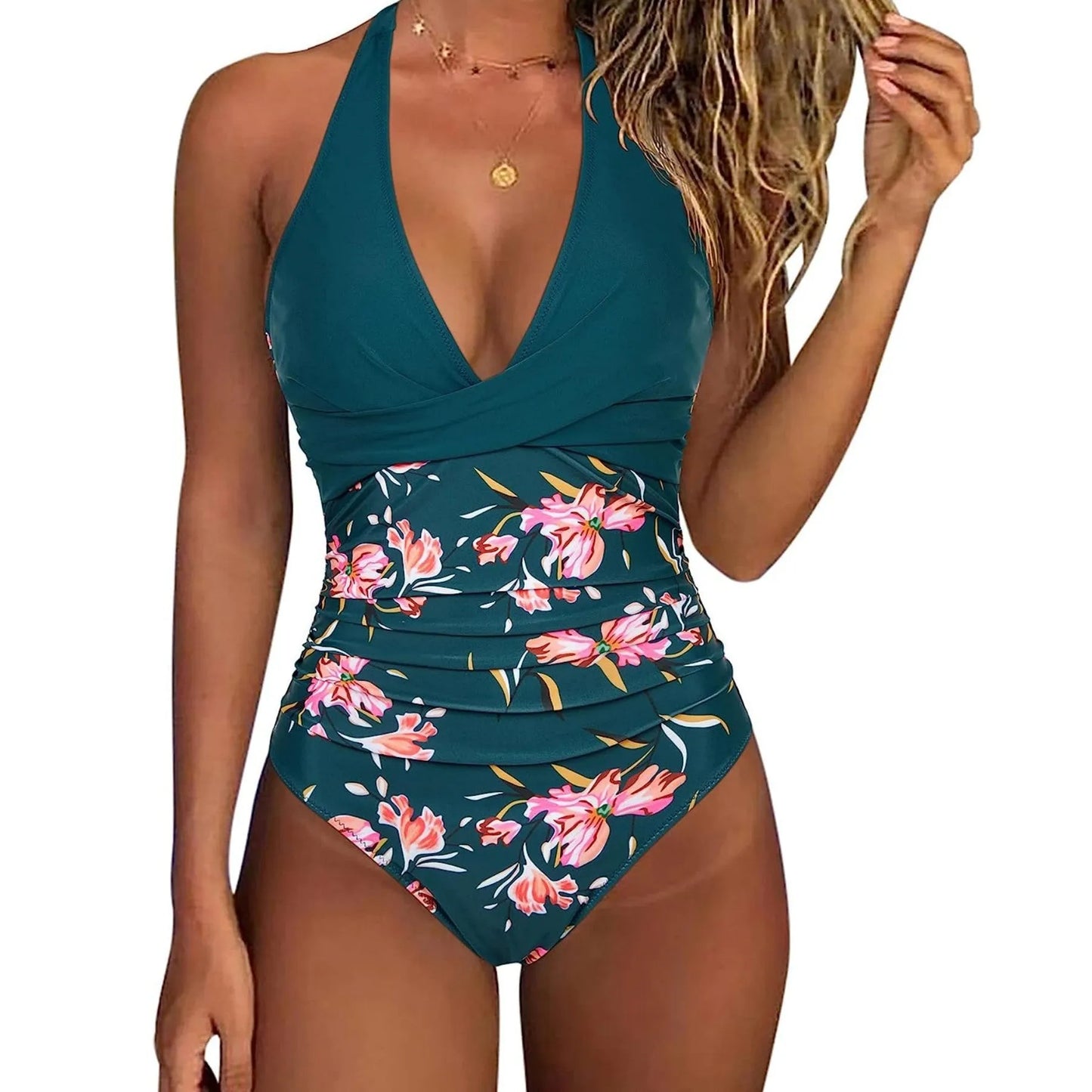 Women's backless swimsuit with lace-up detail in leopard print pattern, showing adjustable back design