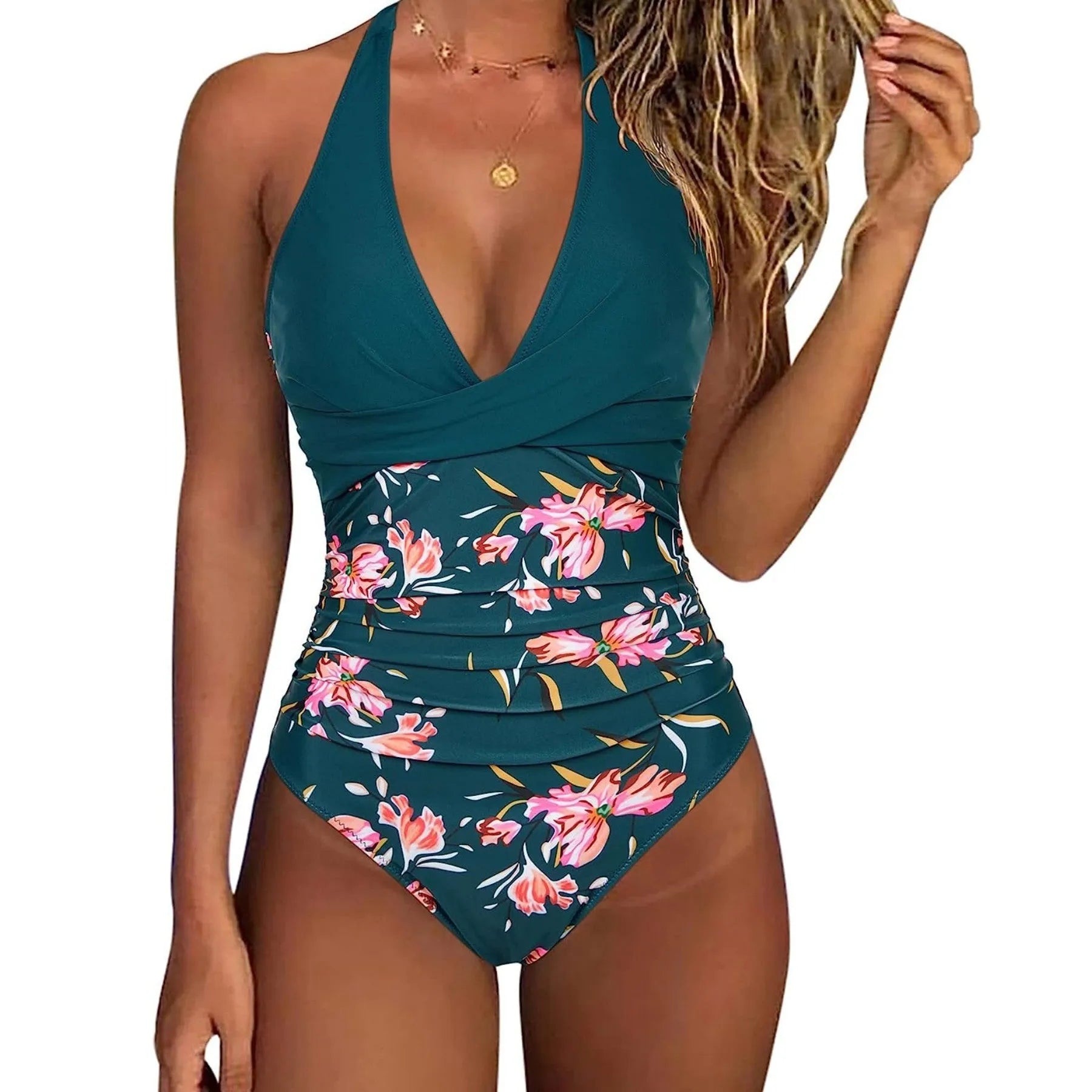 Women's backless swimsuit with lace-up detail in leopard print pattern, showing adjustable back design