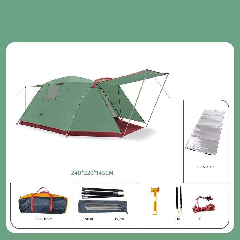Four-person outdoor camping tent with rain and sun protection, double-decker design