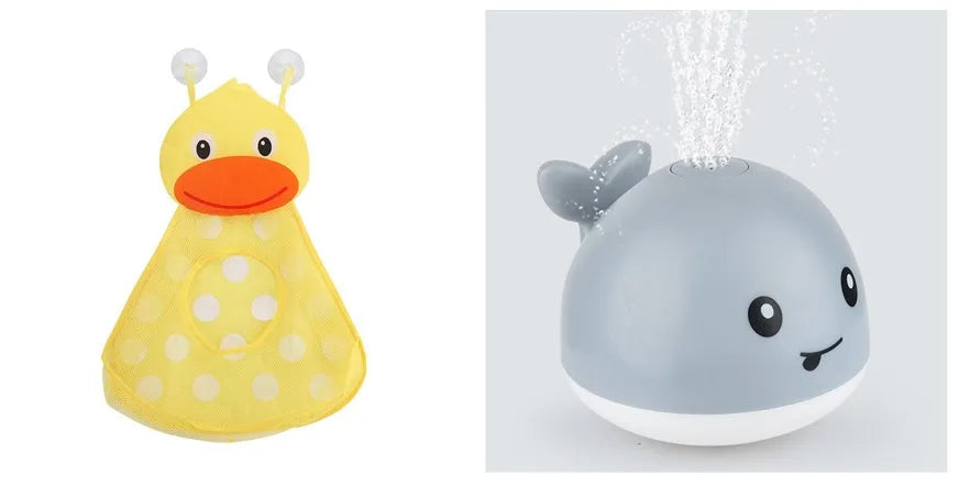 Automatic water-spraying whale bath toy with colourful lights floating in bath water.