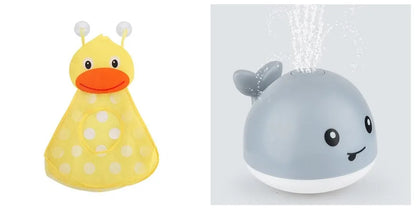Automatic water-spraying whale bath toy with colourful lights floating in bath water.