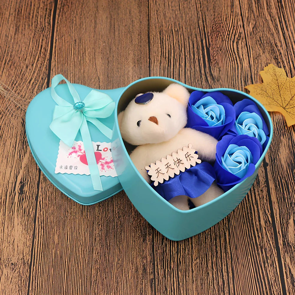 Handmade soap flower gift box in red heart-shaped tin with three blooms and bear, 12x12x5 cm for Valentine's Day