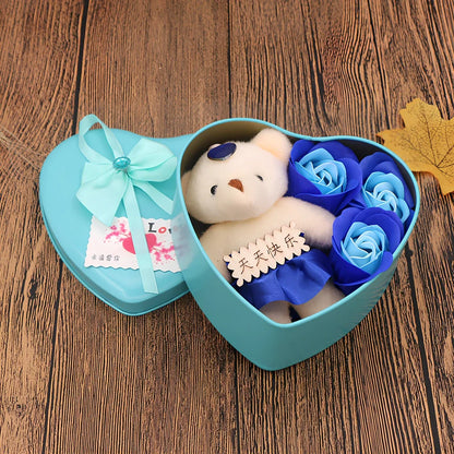 Handmade soap flower gift box in red heart-shaped tin with three blooms and bear, 12x12x5 cm for Valentine's Day
