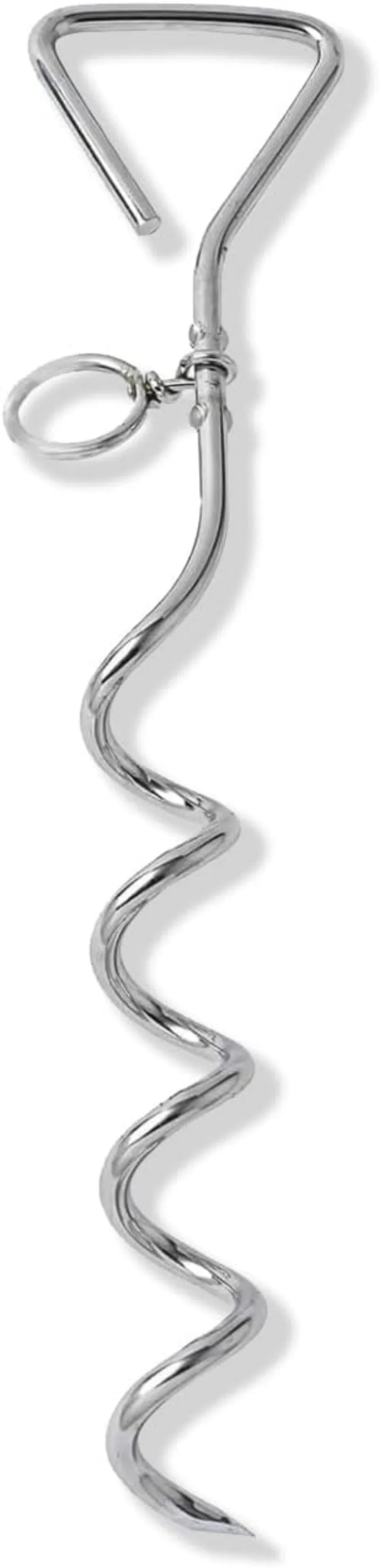 Silver spiral screw dog tie out stake for secure outdoor tethering on grass