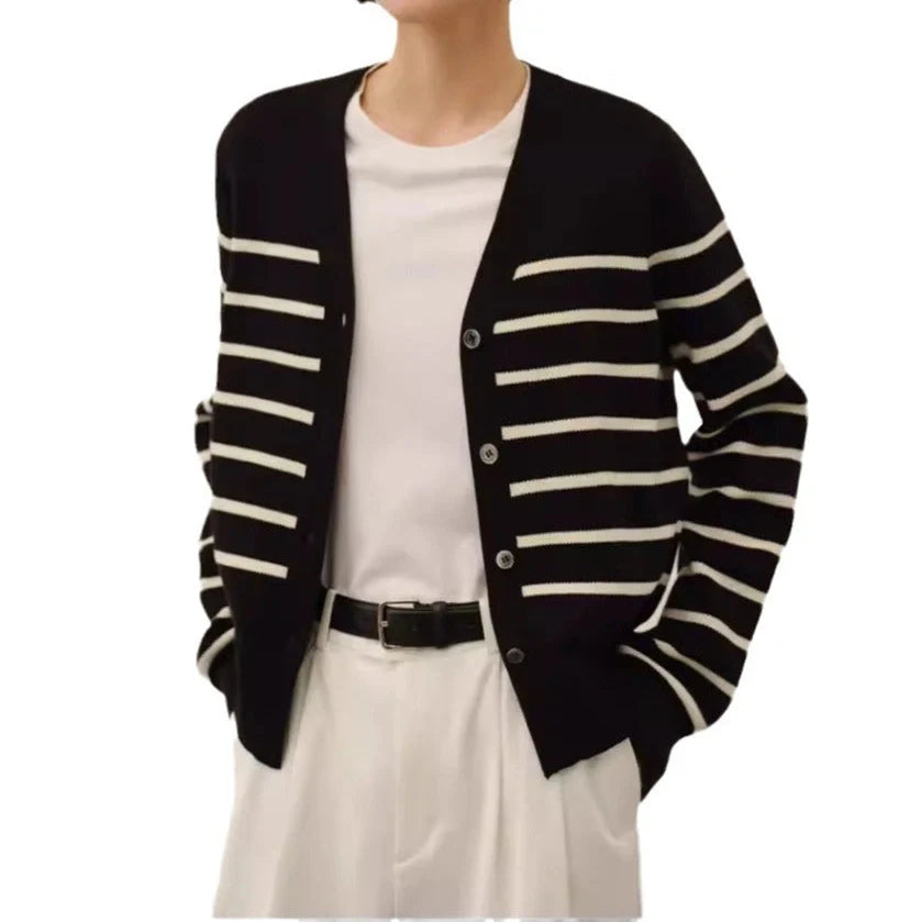 Women's striped knitted sweater jacket with button front in grey, showing regular sleeves and 40cm length