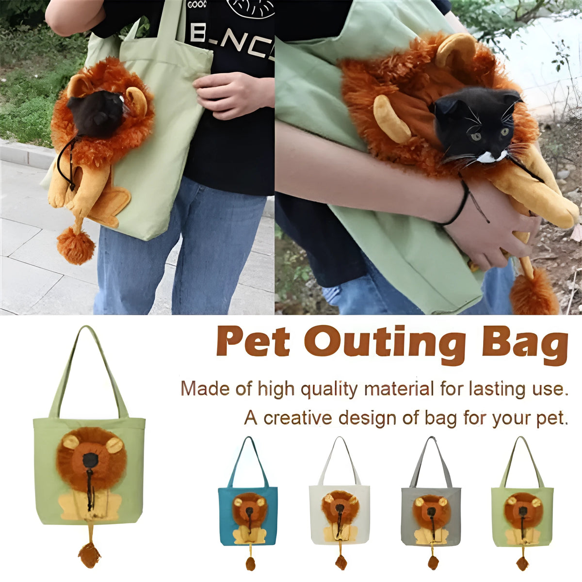 Soft canvas pet carrier bag with lion design, adjustable head opening, and safety zippers for small dogs and cats.