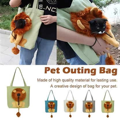 Soft canvas pet carrier bag with lion design, adjustable head opening, and safety zippers for small dogs and cats.