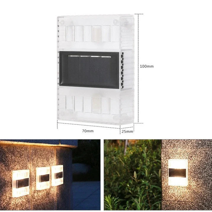 Solar garden wall light with LED illumination measuring 30×75×100mm in black plastic finish