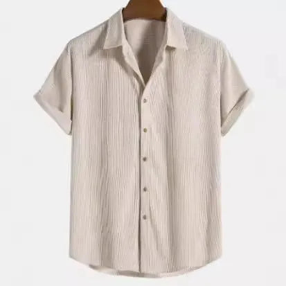 Men's casual short-sleeved cardigan shirt in polyester, shown in available colours.