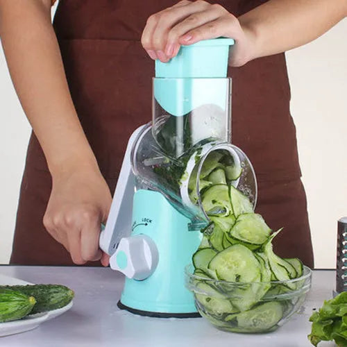 Blue multifunctional manual vegetable cutter with stainless steel blades for slicing potatoes and cheese.