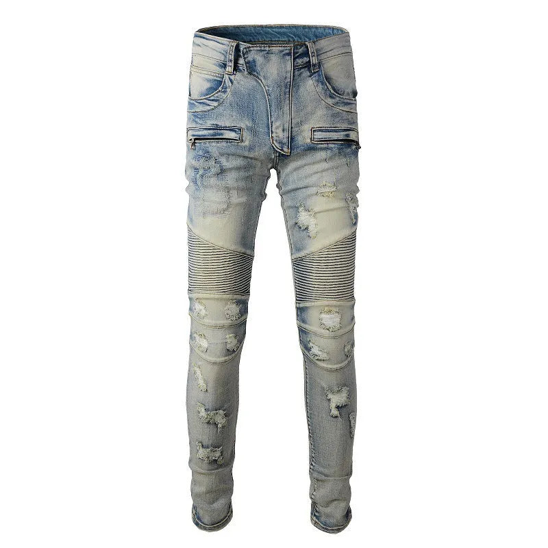 Light blue men's distressed slim jeans with hand-frayed detailing and straight leg cut