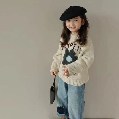 Apricot girls' pullover sweater with letter flower pattern, long Korean-style sleeves, round neck