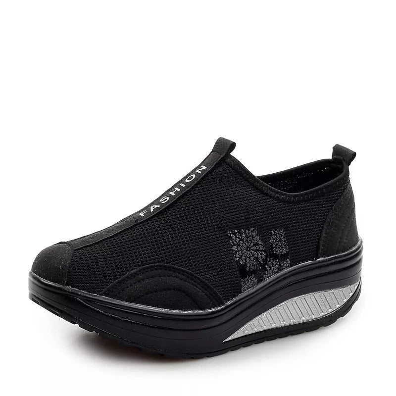 Women's Casual Mesh Platform Sneakers with Wedge Heel in black, red, and gray