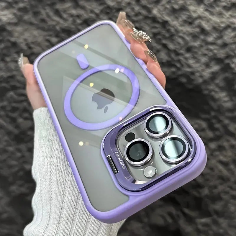 Transparent iPhone case with invisible bracket, CD pattern lens protector and hollow electroplated finish in black