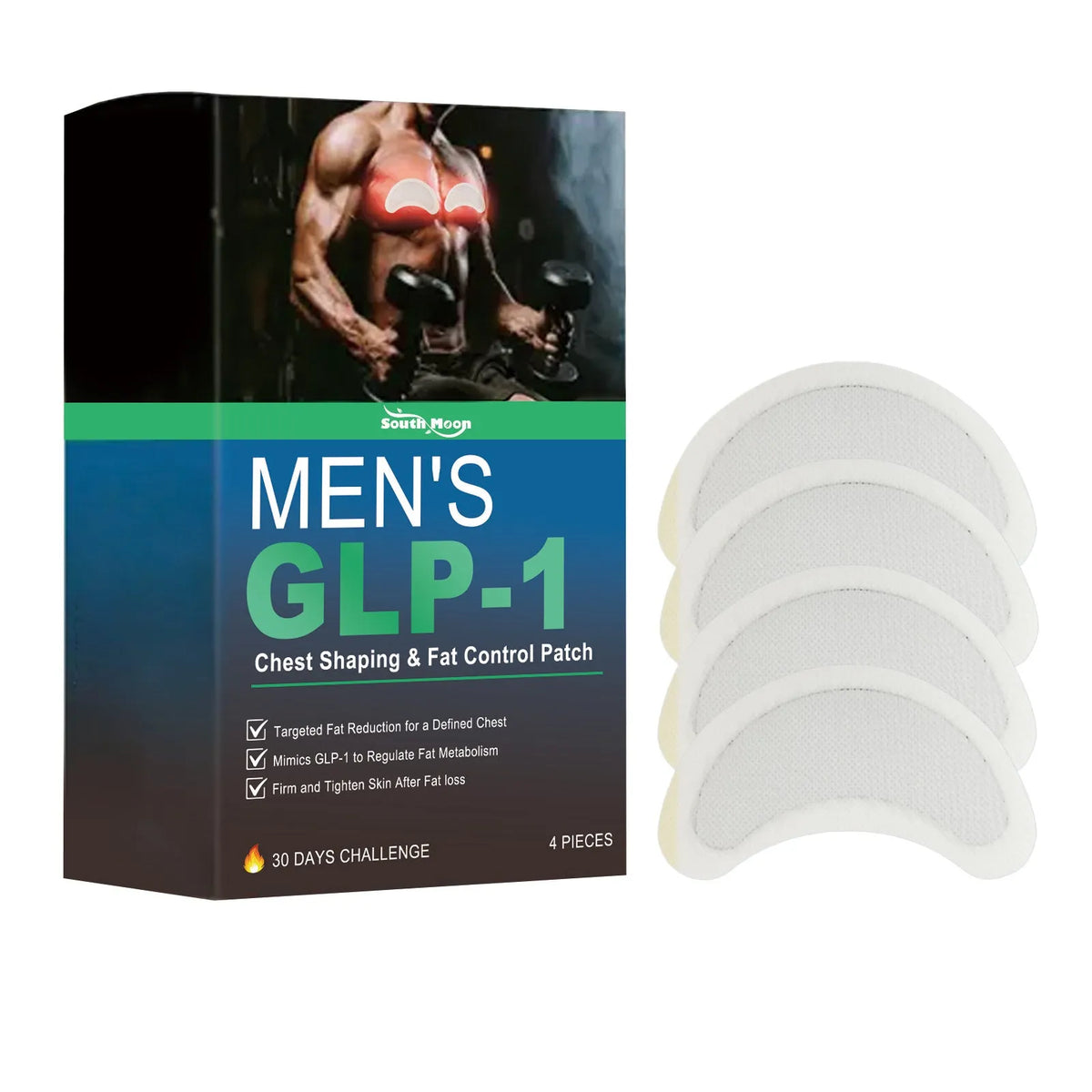 Four men's thin chest figure control patches with natural ingredients including mugwort and ginger