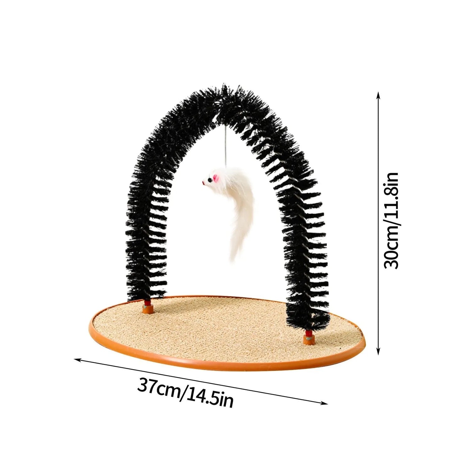 Black arch-shaped cat grooming brush with scratching fibre and an attached mouse toy on a non-slip base