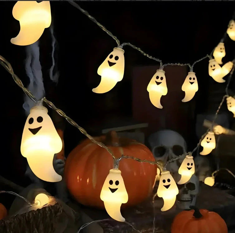 Warm glowing Halloween lighting chain with pumpkins, ghosts, and bats for indoor and outdoor decoration