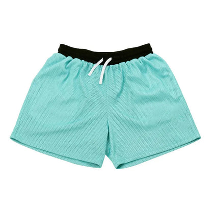 Men's black athletic shorts with grey mesh side panels for breathability, laid flat on a surface.