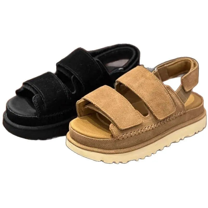 Women's maroon suede peep toe platform sandals with a wide adjustable Velcro strap.