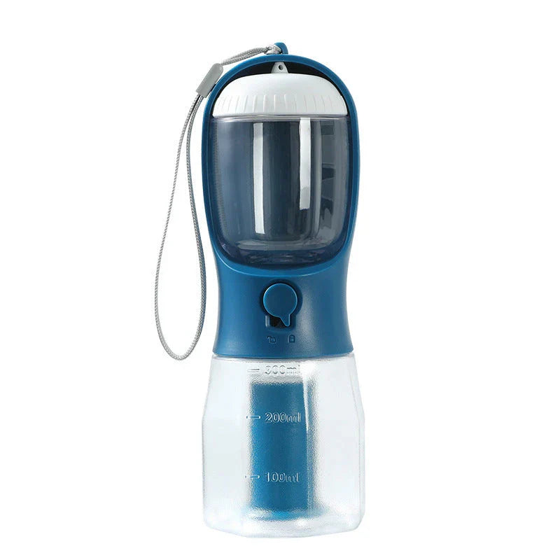 Versatile 3-in-1 pet water bottle with integrated water dispenser, food container, and waste bag compartment