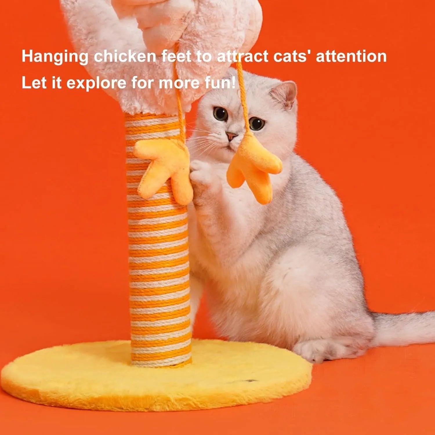Tall yellow sisal cat scratching post with chicken strip pattern and a spring ball on top.