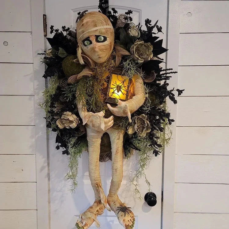 Realistic Mummy Halloween Wreath with skeleton hands for spooky door decoration